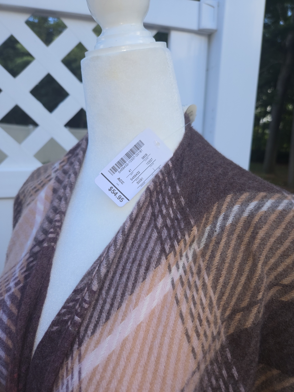 Plaid Open-Front Wool Cape in Brown and Peach